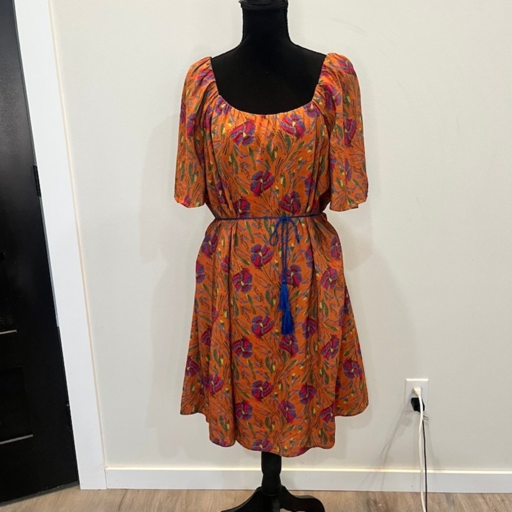 The Korner Orange Floral Flutter Sleeve Shift Midi Dress Size M/L Boho Wantable